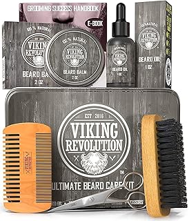 Viking Revolution Beard Care Kit for Men - Kit includes 100% Boar Beard Brush, Wooden Comb, Beard Balm, Beard Oil, Beard & Mustache Scissors in a Metal Box