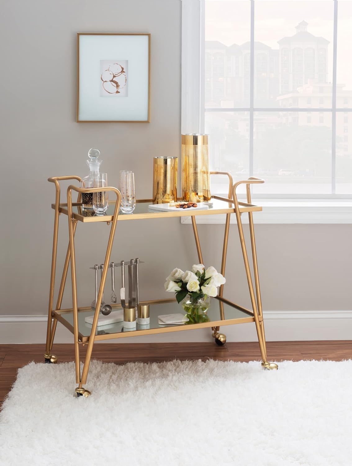 Linon Gina Mid-Century Bar Cart, Gold-3