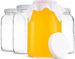 kitchentoolz 4 Pack - 1 Gallon Mason Jar - Glass Wide Mouth Kombucha Jar - Home Brewing and Fermenting Kit with Cheesecloth Filter, Rubber Band and Plastic Lid