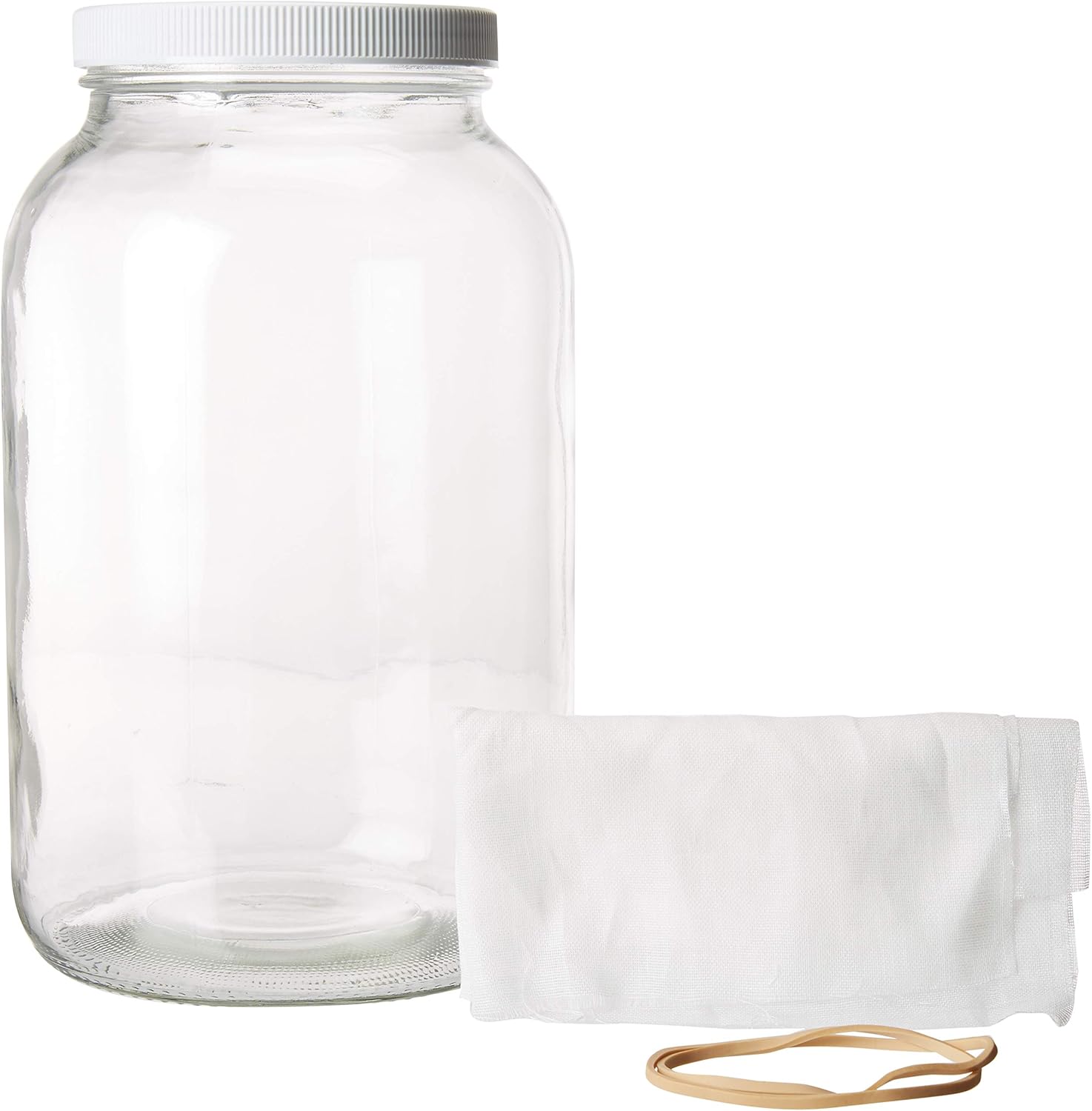 kitchentoolz 4 Pack - 1 Gallon Mason Jar - Glass Wide Mouth Kombucha Jar - Home Brewing and Fermenting Kit with Cheesecloth Filter, Rubber Band and Plastic Lid-1