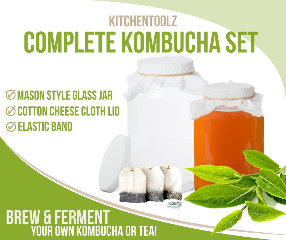 kitchentoolz 4 Pack - 1 Gallon Mason Jar - Glass Wide Mouth Kombucha Jar - Home Brewing and Fermenting Kit with Cheesecloth Filter, Rubber Band and Plastic Lid-3