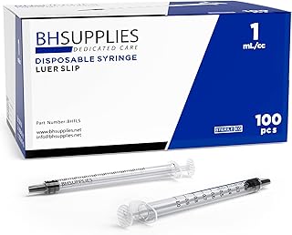 BH Supplies 1mL Luer Slip Tip Syringes (No Needle) - Sterile, Individually Wrapped - 100 Syringes