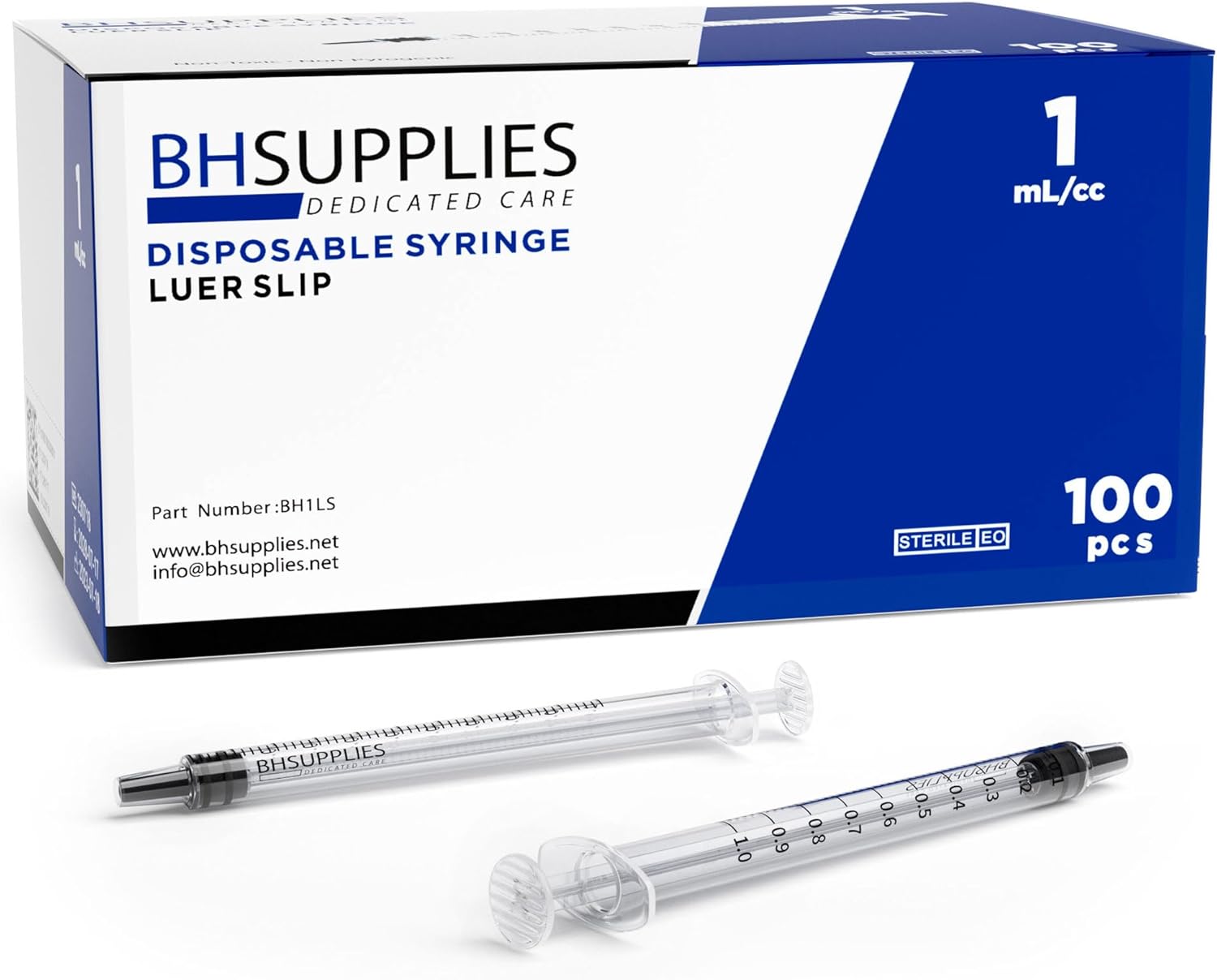 BH Supplies 1mL Luer Slip Tip Syringes (No Needle) - Sterile, Individually Wrapped - 100 Syringes-0