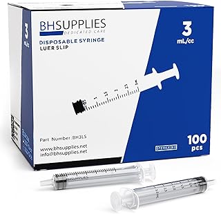 BH Supplies 3ml Luer Slip Tip Syringe - (No Needle) - Sterile, Individually Wrapped - 100 Syringes