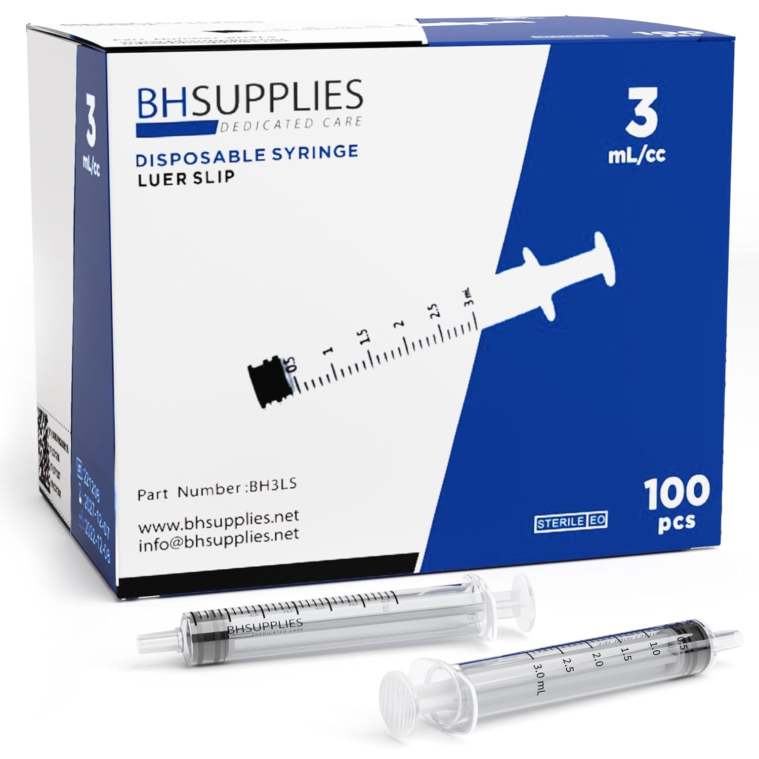 BH Supplies 3ml Luer Slip Tip Syringe - (No Needle) - Sterile, Individually Wrapped - 100 Syringes-0