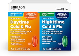 Amazon Basic Care Cold and Flu Relief, Daytime and Nighttime Combo Pack Softgels, Powerful Cold Medicine for Day and Night Multi-Symptom Relief, 48 Count(Pack of 1)