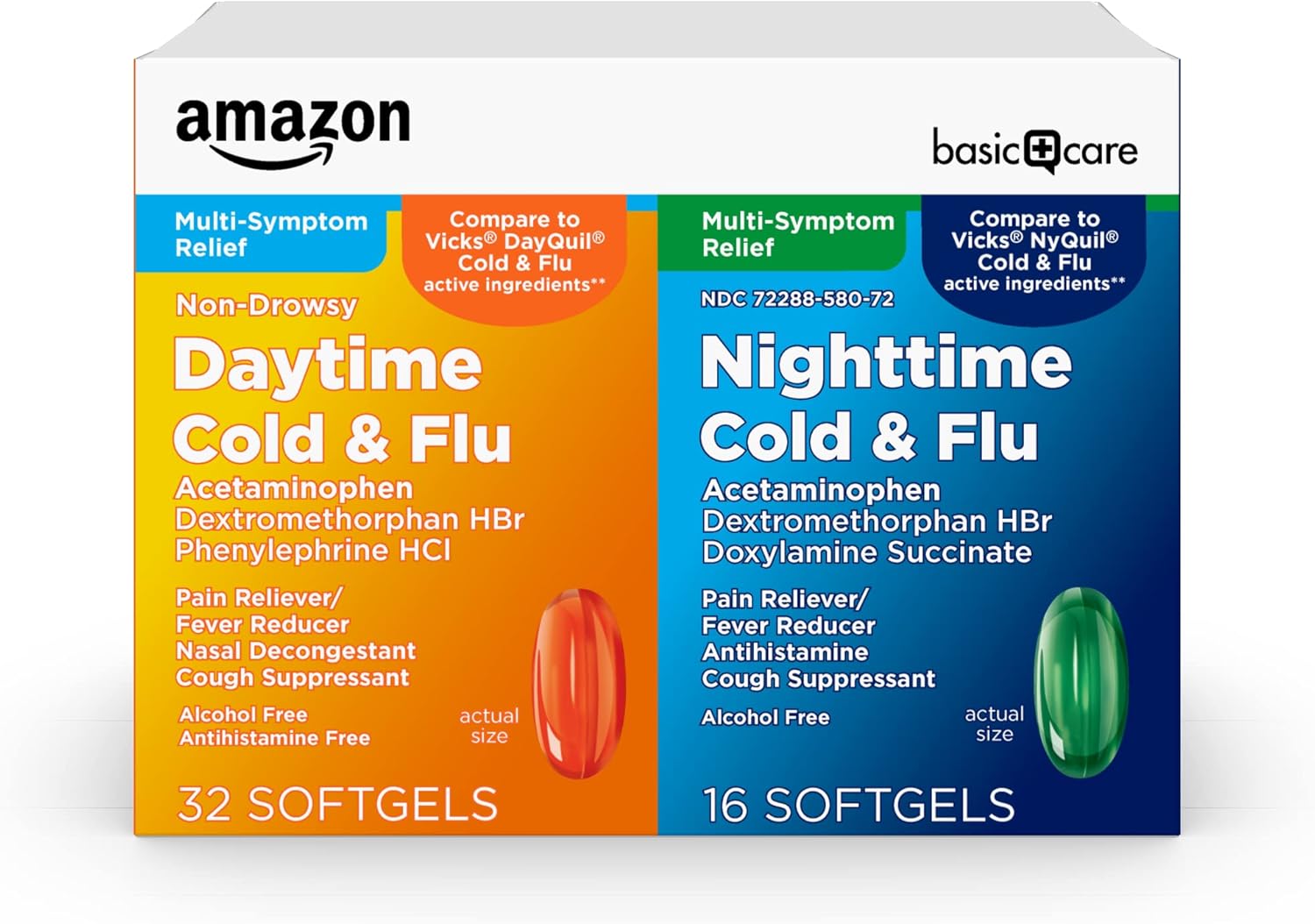 Amazon Basic Care Cold and Flu Relief, Daytime and Nighttime Combo Pack Softgels, Powerful Cold Medicine for Day and Night Multi-Symptom Relief, 48 Count(Pack of 1)-0