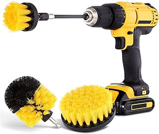 HIWARE Drill Brush Attachment Set, Yellow, Plastic Handle, 3 Sized Brush Heads for Cleaning Bathtub, Shower, Floor, Carpet, Kitchen, Bathroom, and More