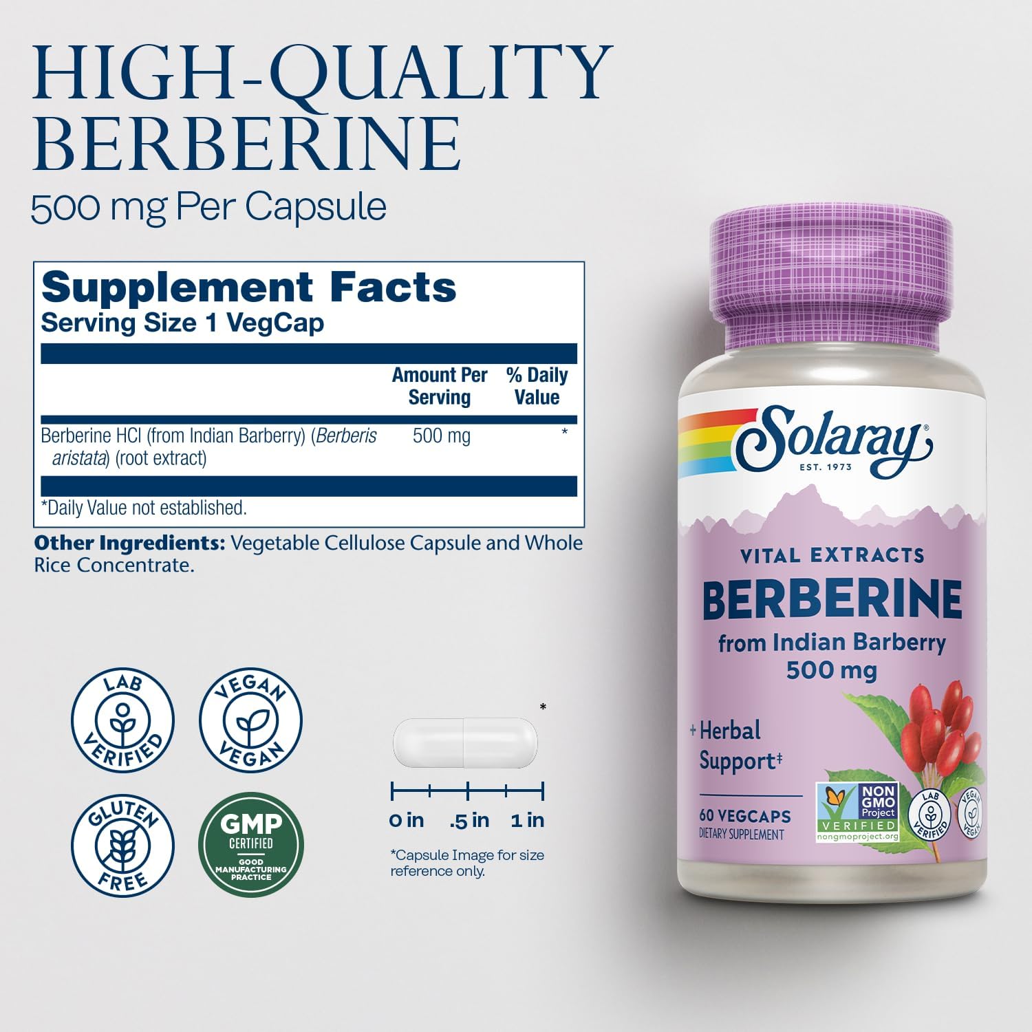 SOLARAY Berberine 500mg - Berberine Supplement for a Healthy, Active Lifestyle - with Berberine HCl from Indian Barberry - Vegan, Non-GMO, 60-Day Guarantee, Lab Verified - 60 Servings, 60 VegCaps-1