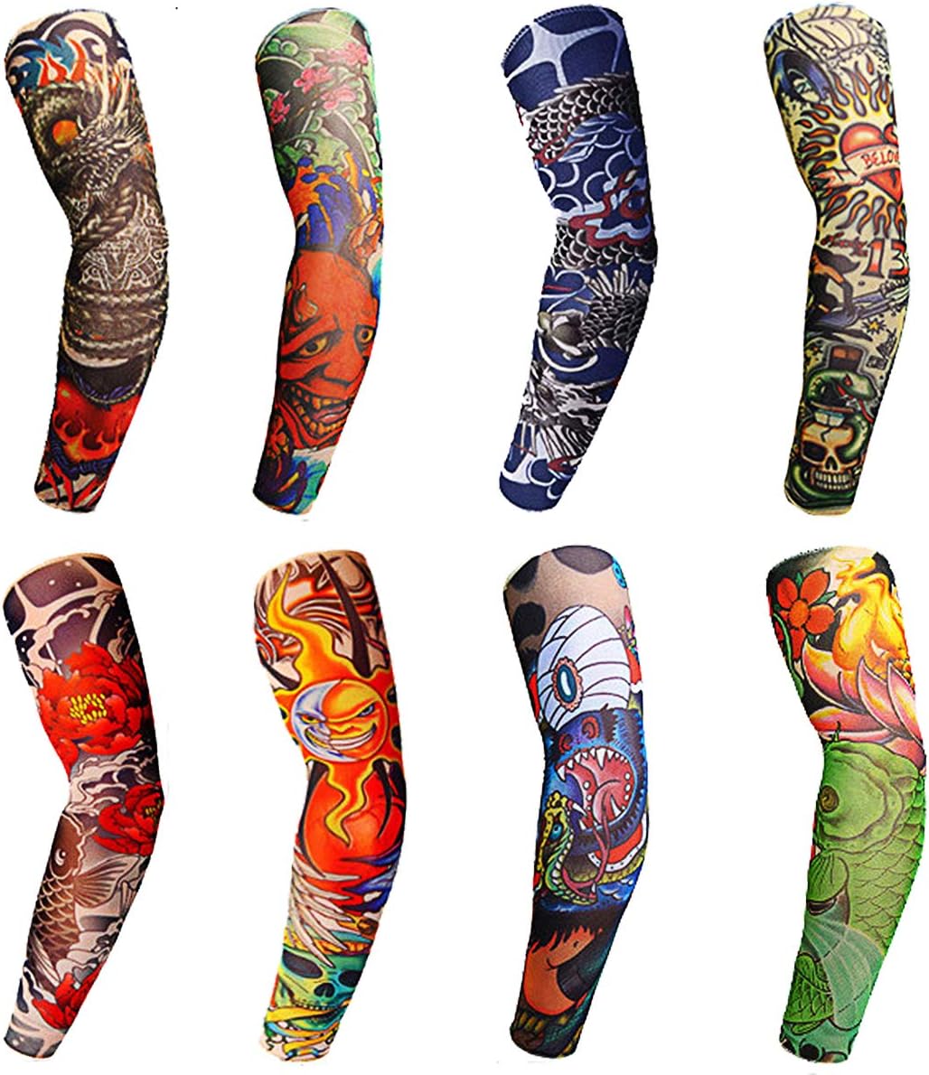 Toirxarn 8PCS Tattoo Sleeves Cool Temporary Sunscreen Arm Sleeves for Men Women Cycling Running Driving Sports-0