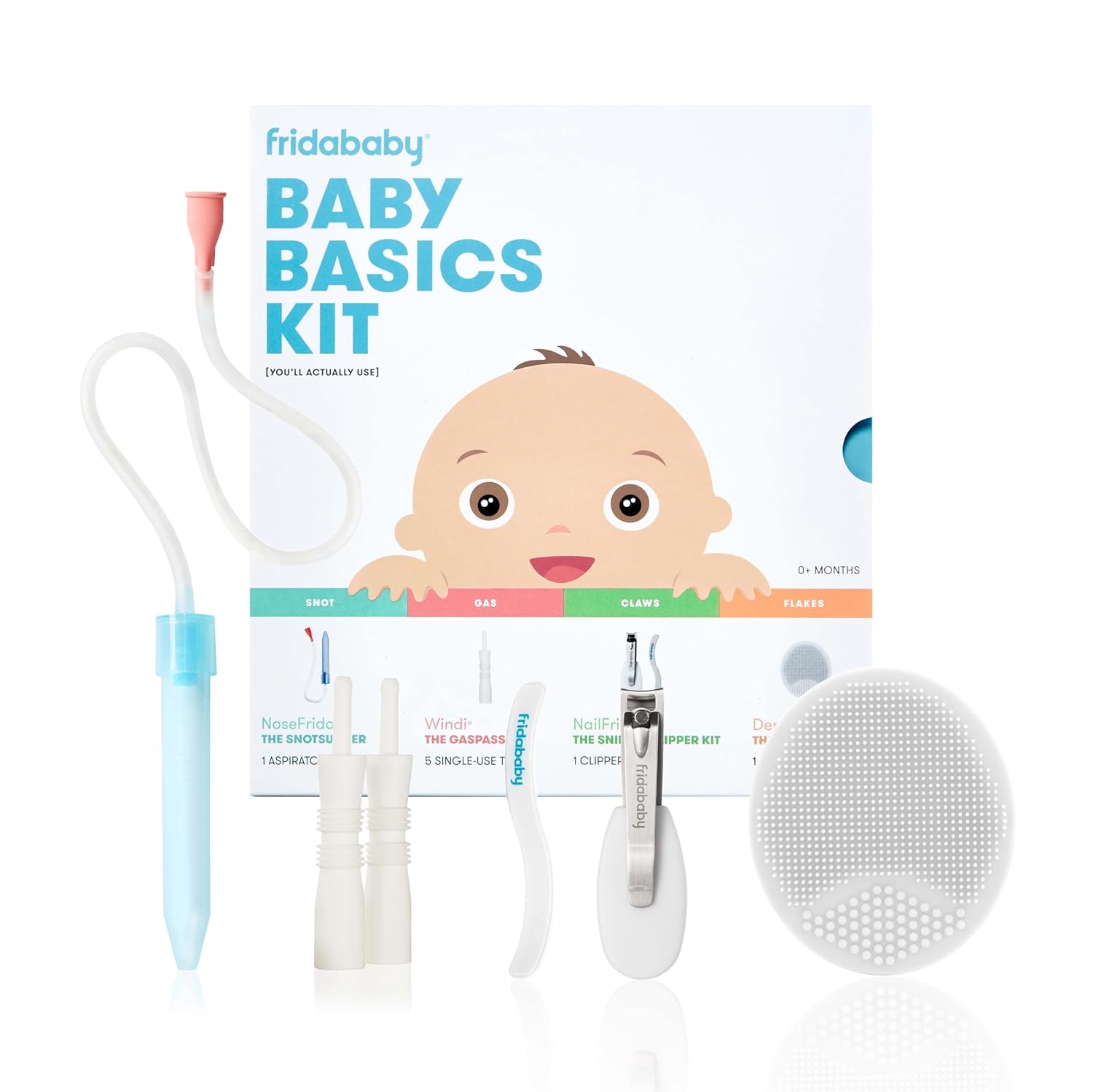 Frida Baby Basics Kit, Baby Essentials Kit Includes Nasal Aspirator Snotsucker, NailFrida Nail Files, Windi Gas Relief, DermaFrida Bath Brush + Silicone Carry Case-0