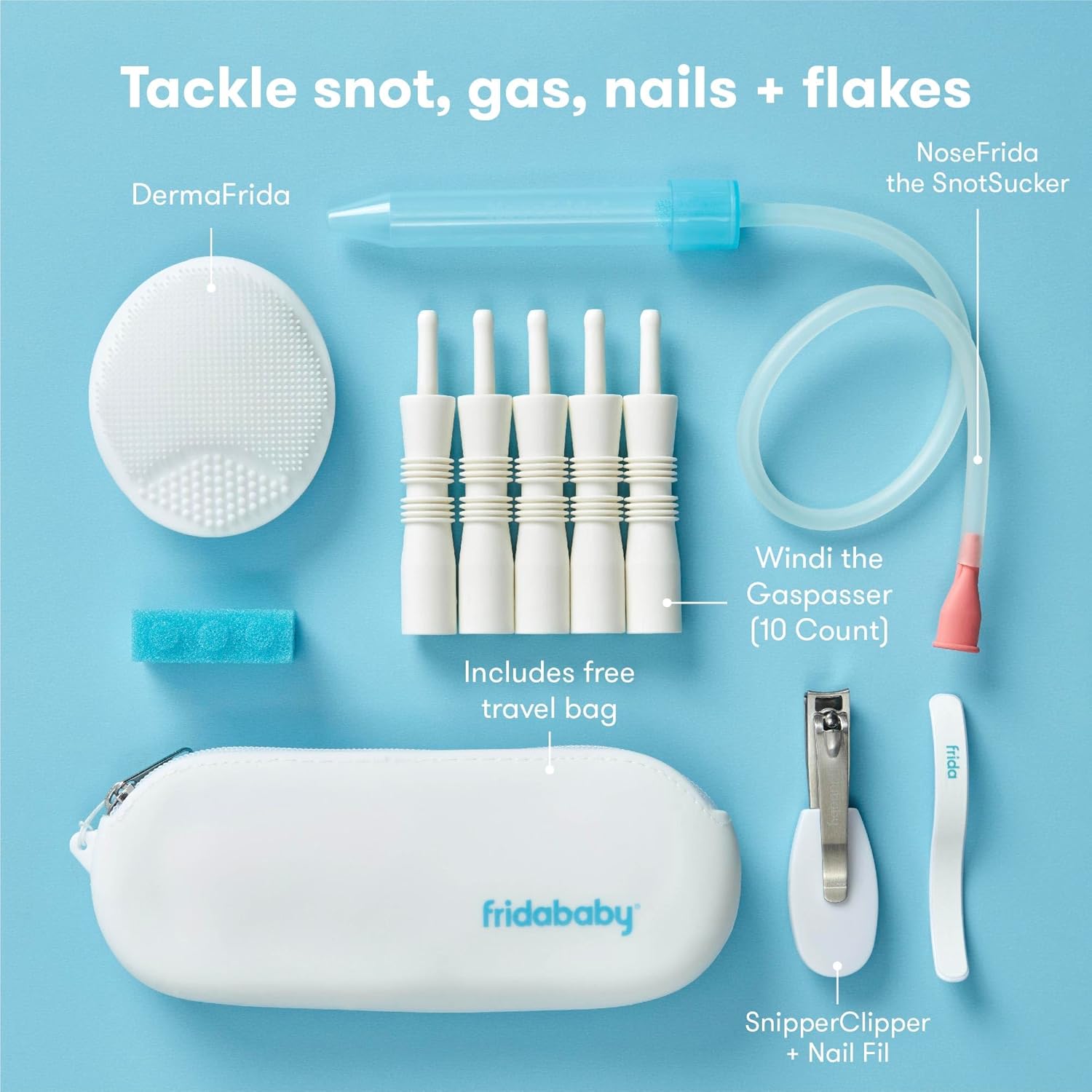 Frida Baby Basics Kit, Baby Essentials Kit Includes Nasal Aspirator Snotsucker, NailFrida Nail Files, Windi Gas Relief, DermaFrida Bath Brush + Silicone Carry Case-1