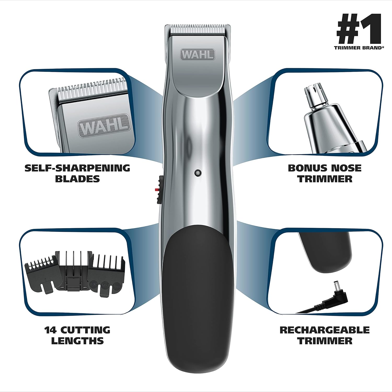 Wahl Groomsman Rechargeable Beard Trimmer kit for Mustaches, Nose Hair, and Light Detailing and Grooming with Bonus Wet/Dry Battery Nose Trimmer – Model 5622v-1