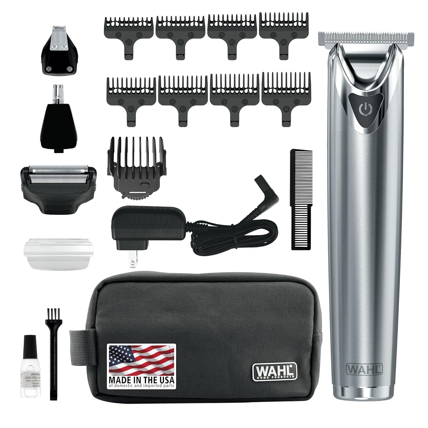 Wahl USA Stainless Steel Lithium Ion 2.0+ Beard Trimmer for Men - Electric Shaver & Nose Ear Trimmer - Rechargeable All in One Men's Grooming Kit - Model 9864SS-0