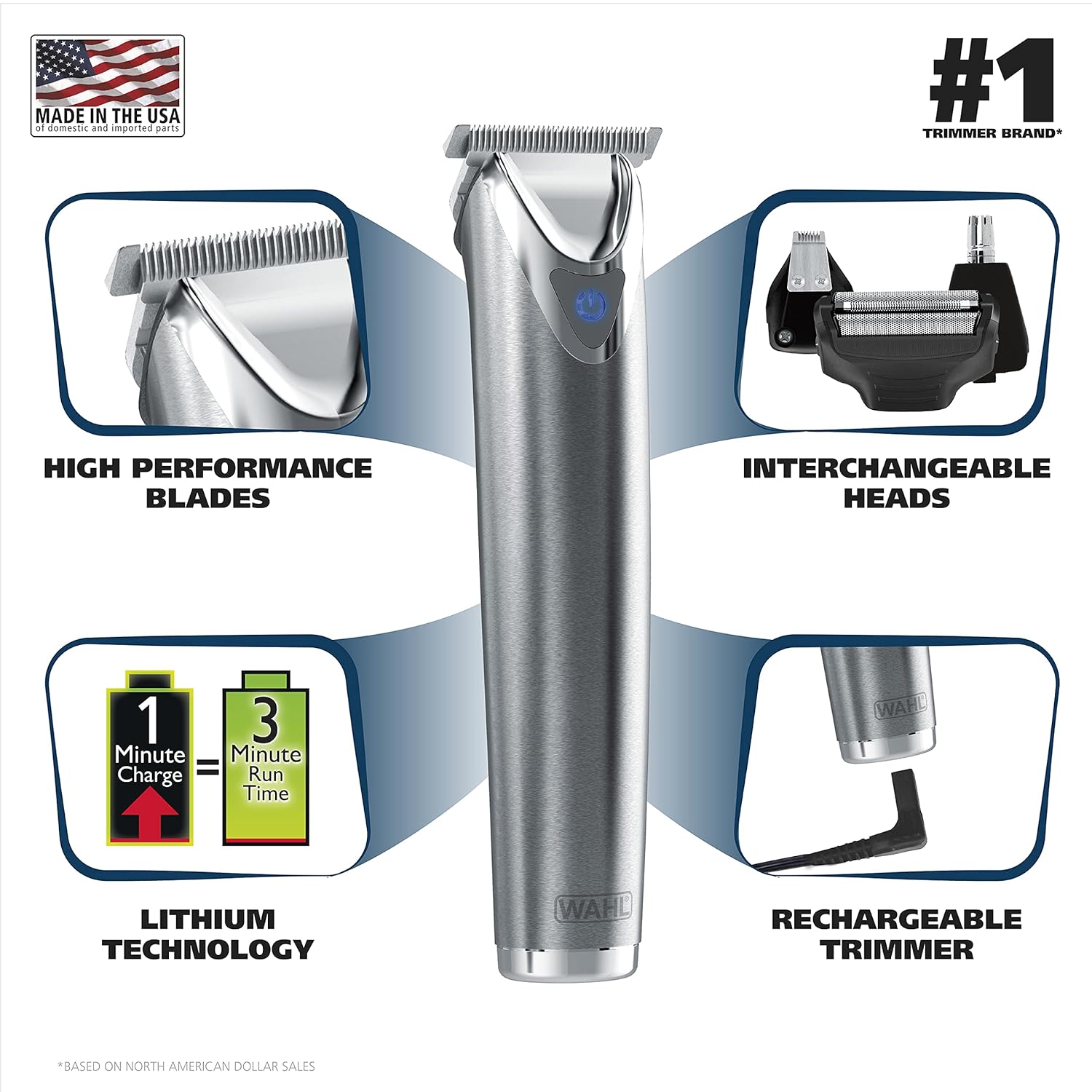 Wahl USA Stainless Steel Lithium Ion 2.0+ Beard Trimmer for Men - Electric Shaver & Nose Ear Trimmer - Rechargeable All in One Men's Grooming Kit - Model 9864SS-1