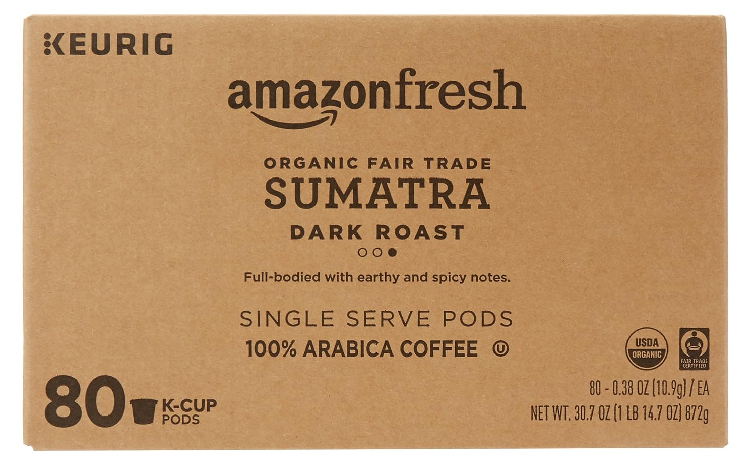 AmazonFresh 80 Ct. Organic Fair Trade K-Cups, Sumatra Dark Roast, Keurig K-Cup Brewer Compatible-1