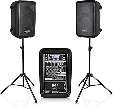 Pyle PA Speaker DJ Mixer Bundle - 300 W Portable Wireless Bluetooth Sound System w/ USB SD XLR 1/4" RCA Inputs - Dual Speaker, Mixer, Microphone, Stand, Cable - Home/Outdoor Party - PPHP28AMX,Black