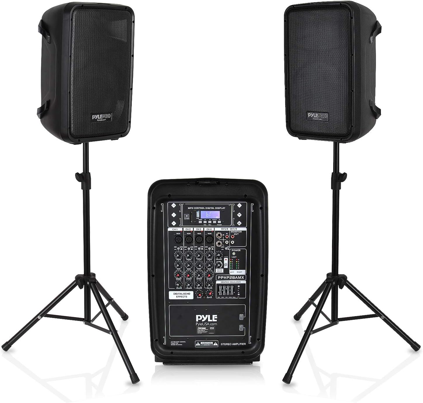 Pyle PA Speaker DJ Mixer Bundle - 300 W Portable Wireless Bluetooth Sound System w/ USB SD XLR 1/4" RCA Inputs - Dual Speaker, Mixer, Microphone, Stand, Cable - Home/Outdoor Party - PPHP28AMX,Black-0