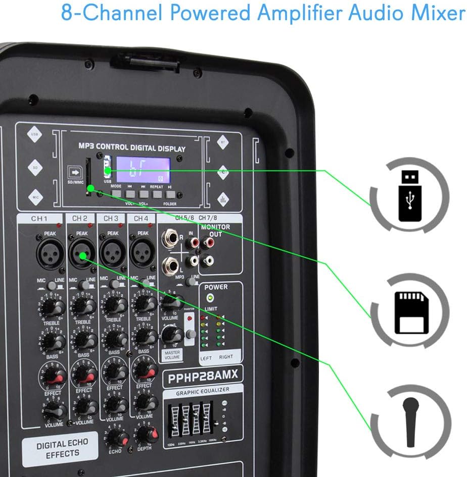 Pyle PA Speaker DJ Mixer Bundle - 300 W Portable Wireless Bluetooth Sound System w/ USB SD XLR 1/4" RCA Inputs - Dual Speaker, Mixer, Microphone, Stand, Cable - Home/Outdoor Party - PPHP28AMX,Black-2