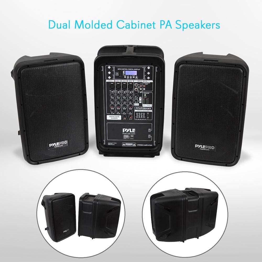 Pyle PA Speaker DJ Mixer Bundle - 300 W Portable Wireless Bluetooth Sound System w/ USB SD XLR 1/4" RCA Inputs - Dual Speaker, Mixer, Microphone, Stand, Cable - Home/Outdoor Party - PPHP28AMX,Black-4