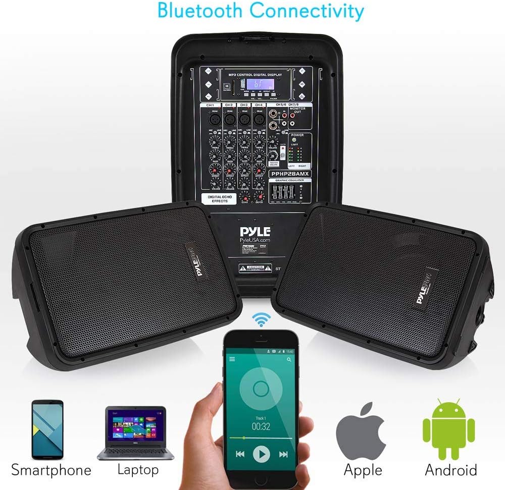 Pyle PA Speaker DJ Mixer Bundle - 300 W Portable Wireless Bluetooth Sound System w/ USB SD XLR 1/4" RCA Inputs - Dual Speaker, Mixer, Microphone, Stand, Cable - Home/Outdoor Party - PPHP28AMX,Black-5