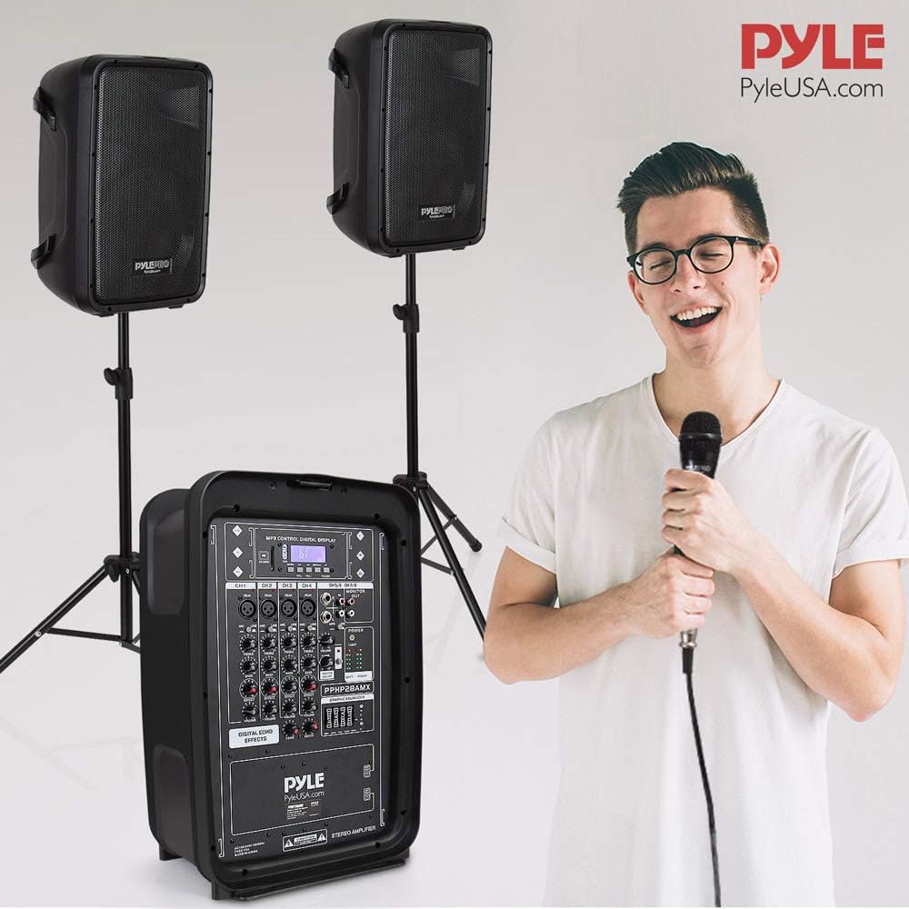 Pyle PA Speaker DJ Mixer Bundle - 300 W Portable Wireless Bluetooth Sound System w/ USB SD XLR 1/4" RCA Inputs - Dual Speaker, Mixer, Microphone, Stand, Cable - Home/Outdoor Party - PPHP28AMX,Black-6