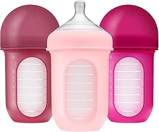 Boon Nursh Reusable Silicone Pouch Baby Bottles - Medium Flow Nipple - Silicone Baby Bottle Pouch and Nipple - Baby Feeding Essentials - Pink - 3-6 Months - 3 Count - 8 Ounce