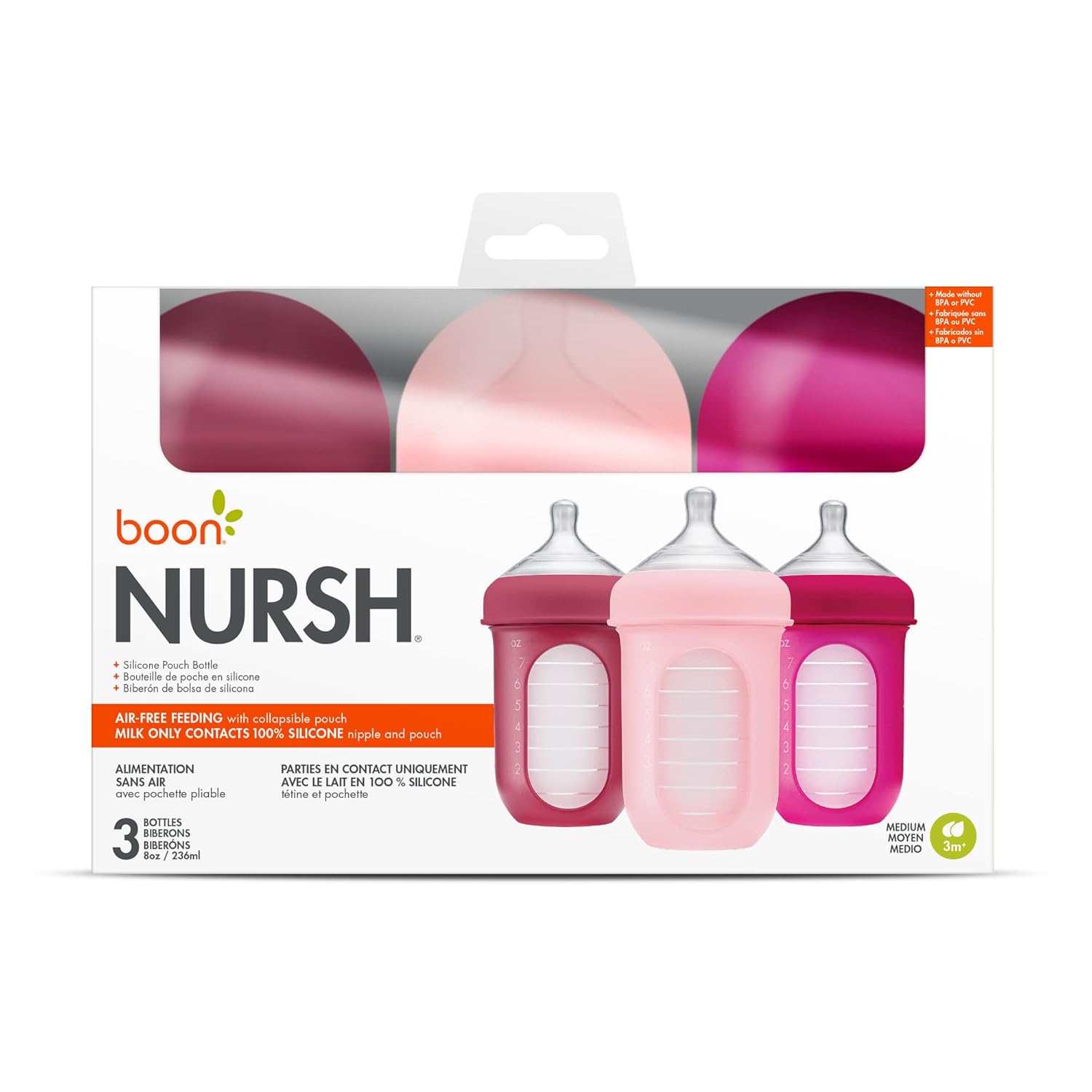 Boon Nursh Reusable Silicone Pouch Baby Bottles - Medium Flow Nipple - Silicone Baby Bottle Pouch and Nipple - Baby Feeding Essentials - Pink - 3-6 Months - 3 Count - 8 Ounce-6