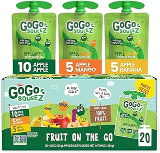 GoGo squeeZ Fruit on the Go Variety Pack, Apple, Mango & Banana, 3.2 oz (Pack of 20), Unsweetened Fruit Snacks for Kids, Gluten Free, Nut Free and Dairy Free, Recloseable Cap, BPA Free Pouches