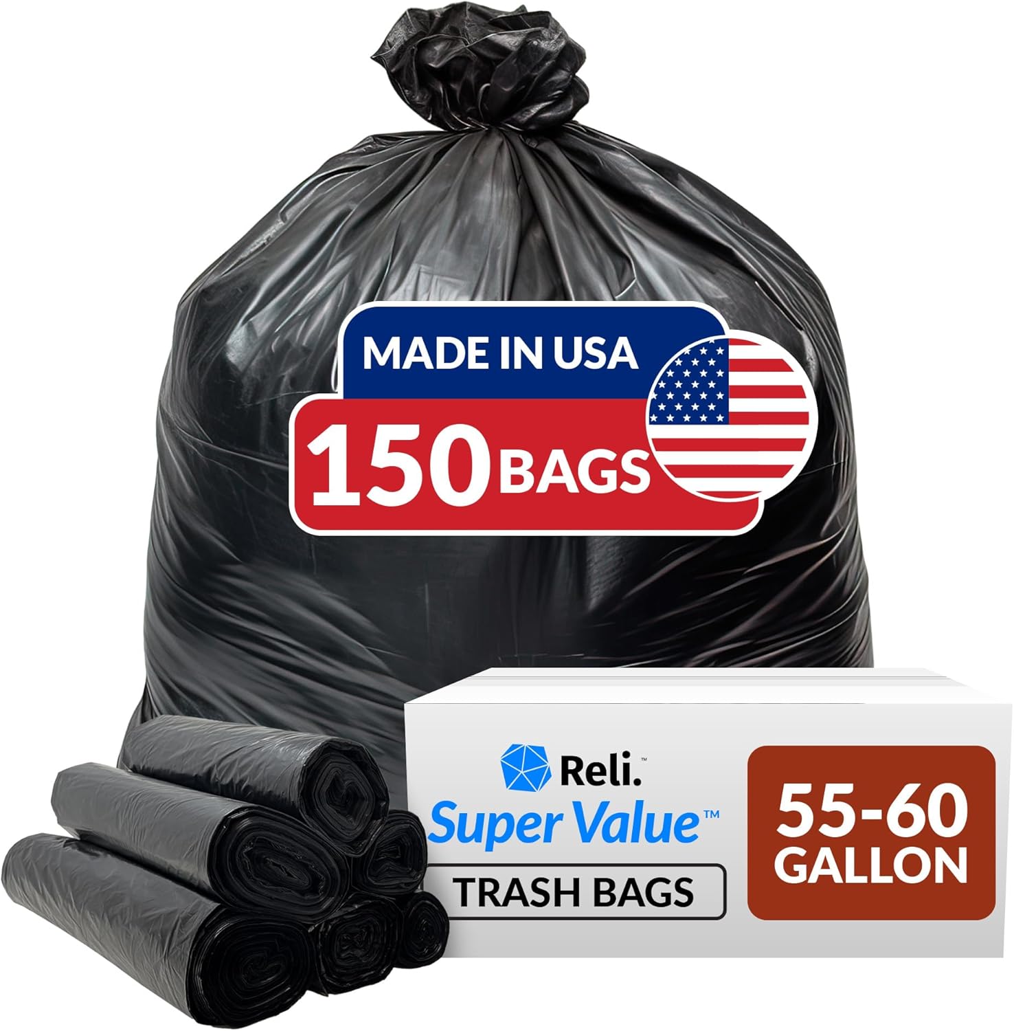 Reli. 55-60 Gallon Trash Bags Heavy Duty | 150 Bags | 50-60 Gallon | Large Black Garbage Bags | Made in USA-0