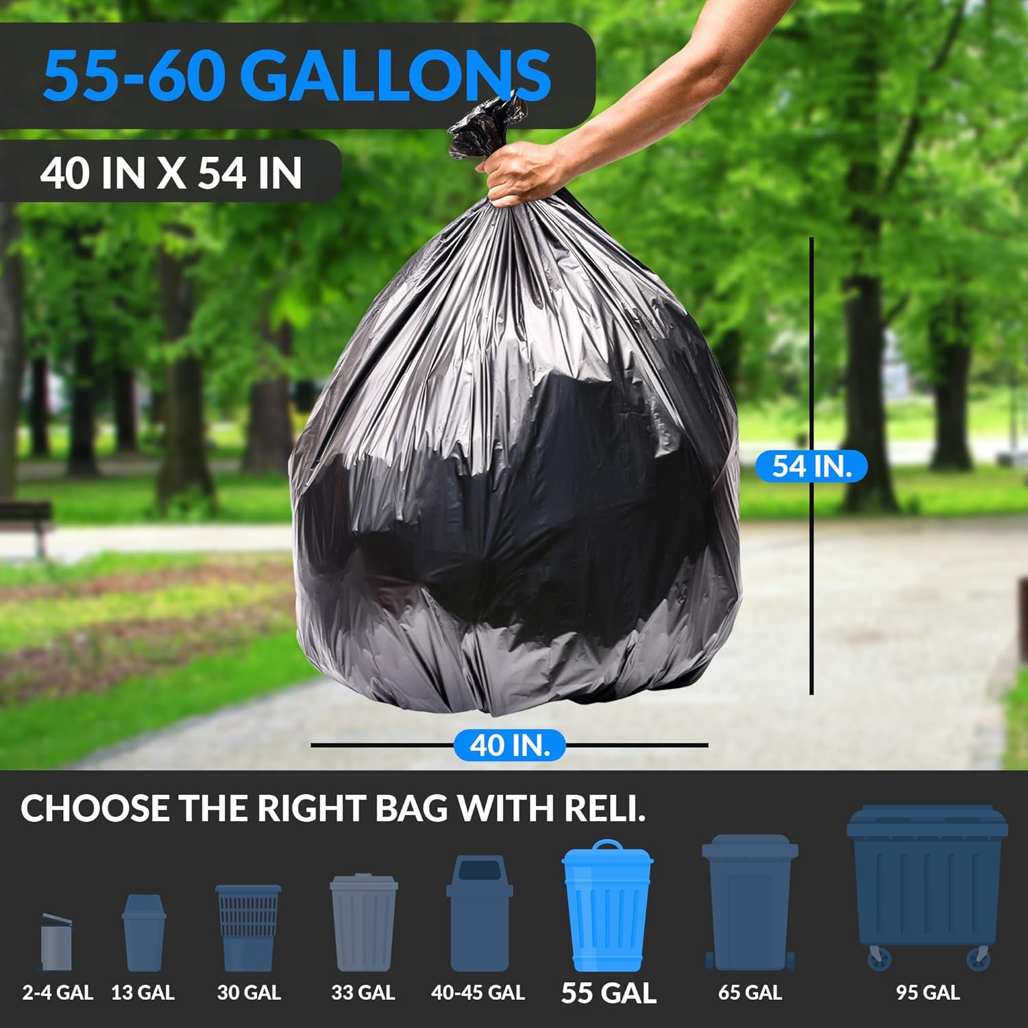 Reli. 55-60 Gallon Trash Bags Heavy Duty | 150 Bags | 50-60 Gallon | Large Black Garbage Bags | Made in USA-1