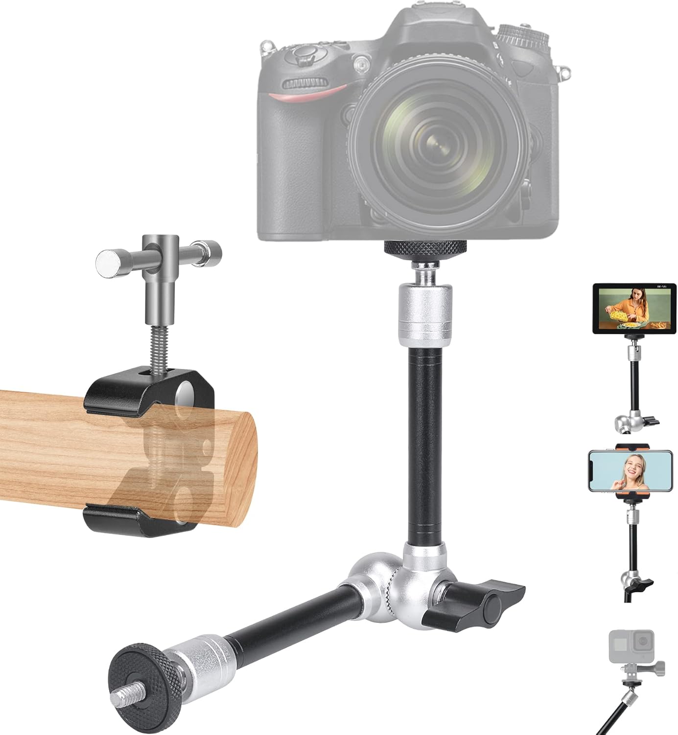 11" Adjustable Magic Arm DSLR Mirrorless Action Camera Camcorder Smartphone LCD Monitor Video Vlog Rig w/Clamp Holder Mounts fit for GoPro iPhone-1