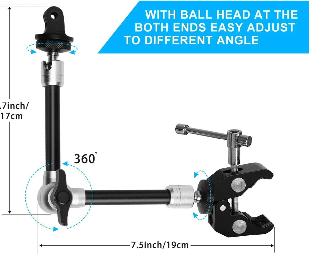 11" Adjustable Magic Arm DSLR Mirrorless Action Camera Camcorder Smartphone LCD Monitor Video Vlog Rig w/Clamp Holder Mounts fit for GoPro iPhone-4