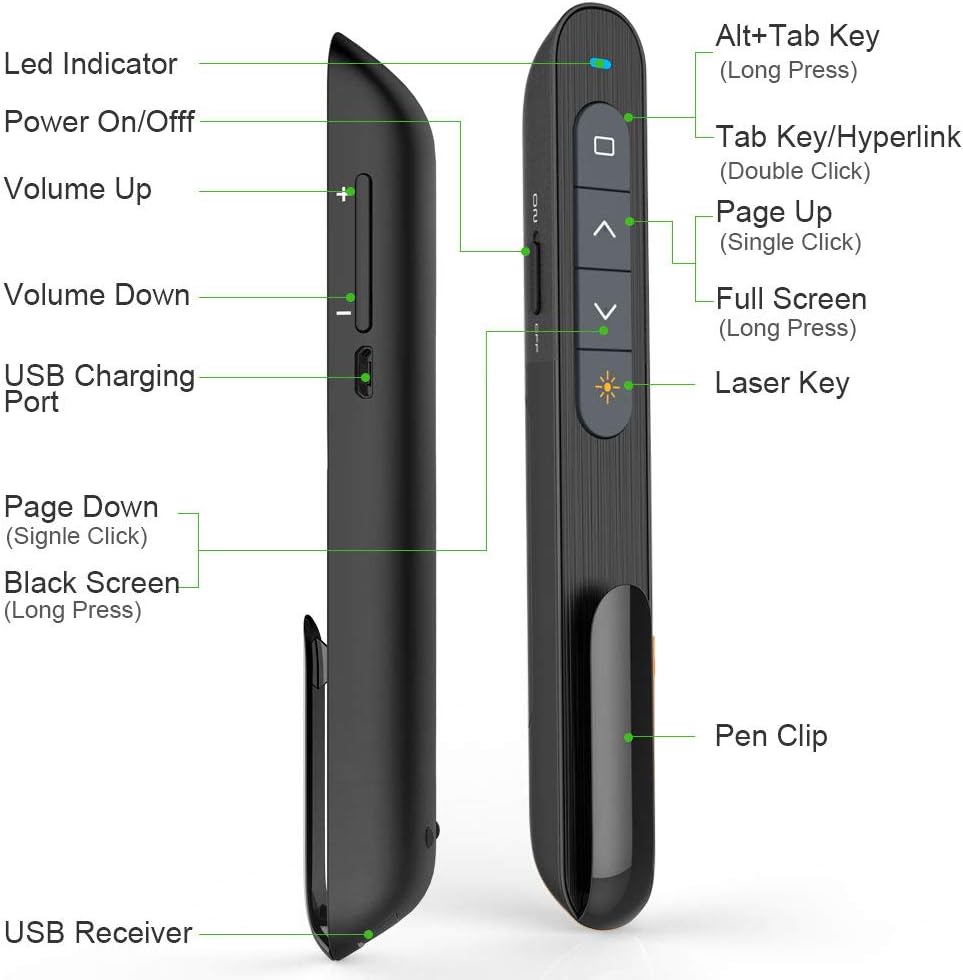 Norwii N76 Rechargeable Presentation Clicker with Green Pointer for Presentations PowerPoint Clicker Wireless Presenter Remote Slide Clicker for Presentation Long Range - Black-6