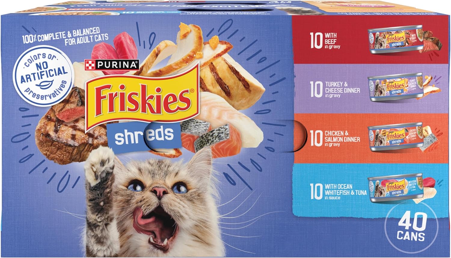 Purina Friskies Wet Cat Food Variety Pack, Shreds Beef, Turkey, Whitefish, and Chicken & Salmon - 5.5 Oz. cans (Pack of 40)-0