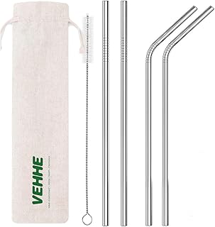 VEHHE Metal Straws Stainless Steel Straws Drinking Straws Reusable - 10.5" Ultra Long 4 + 1 - W/Cleaning Brush for 20/30 Oz for Yeti RTIC SIC Ozark Trail Tumblers (2 Straight|2 Bent|1 Brush)