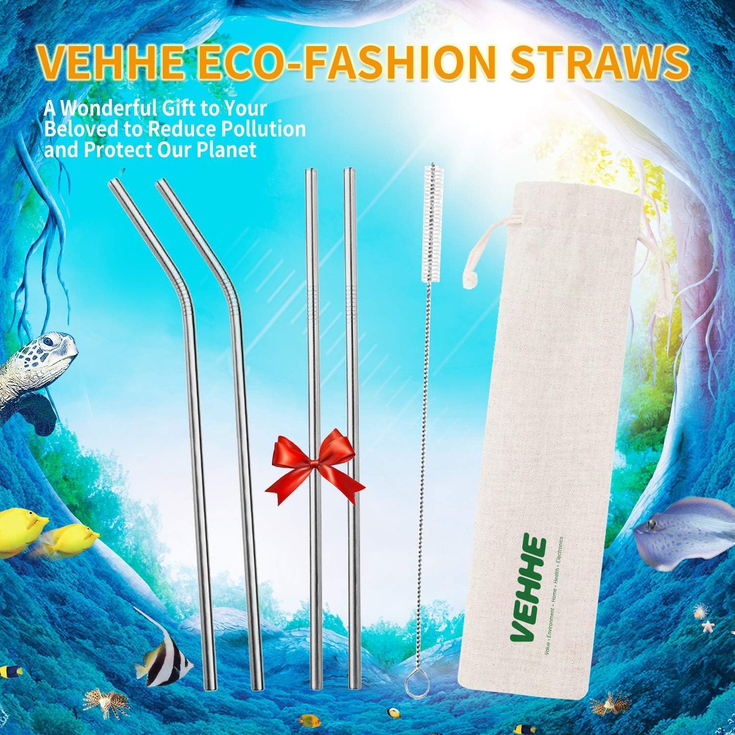 VEHHE Metal Straws Stainless Steel Straws Drinking Straws Reusable - 10.5" Ultra Long 4 + 1 - W/Cleaning Brush for 20/30 Oz for Yeti RTIC SIC Ozark Trail Tumblers (2 Straight|2 Bent|1 Brush)-2