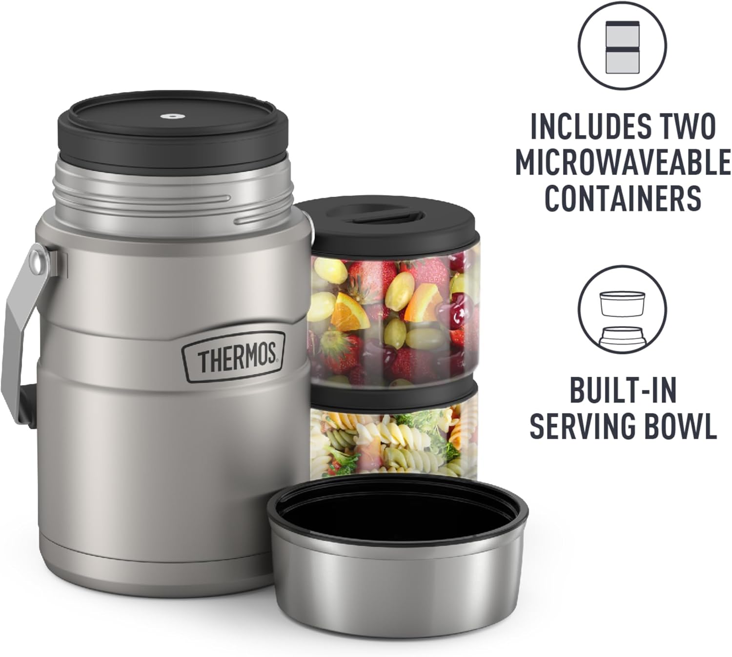 THERMOS Stainless King Vacuum-Insulated Food Jar with 2 Storage Container Inserts, 47 Ounce, Matte Steel-4