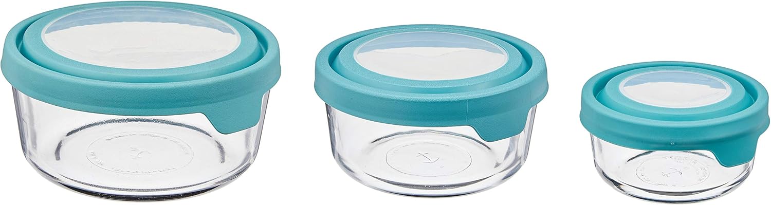 Anchor Hocking TrueSeal Round Glass Food Storage Containers with Airtight Lids, Mineral Blue, 6 Piece Set (3 Containers with Lids)-1