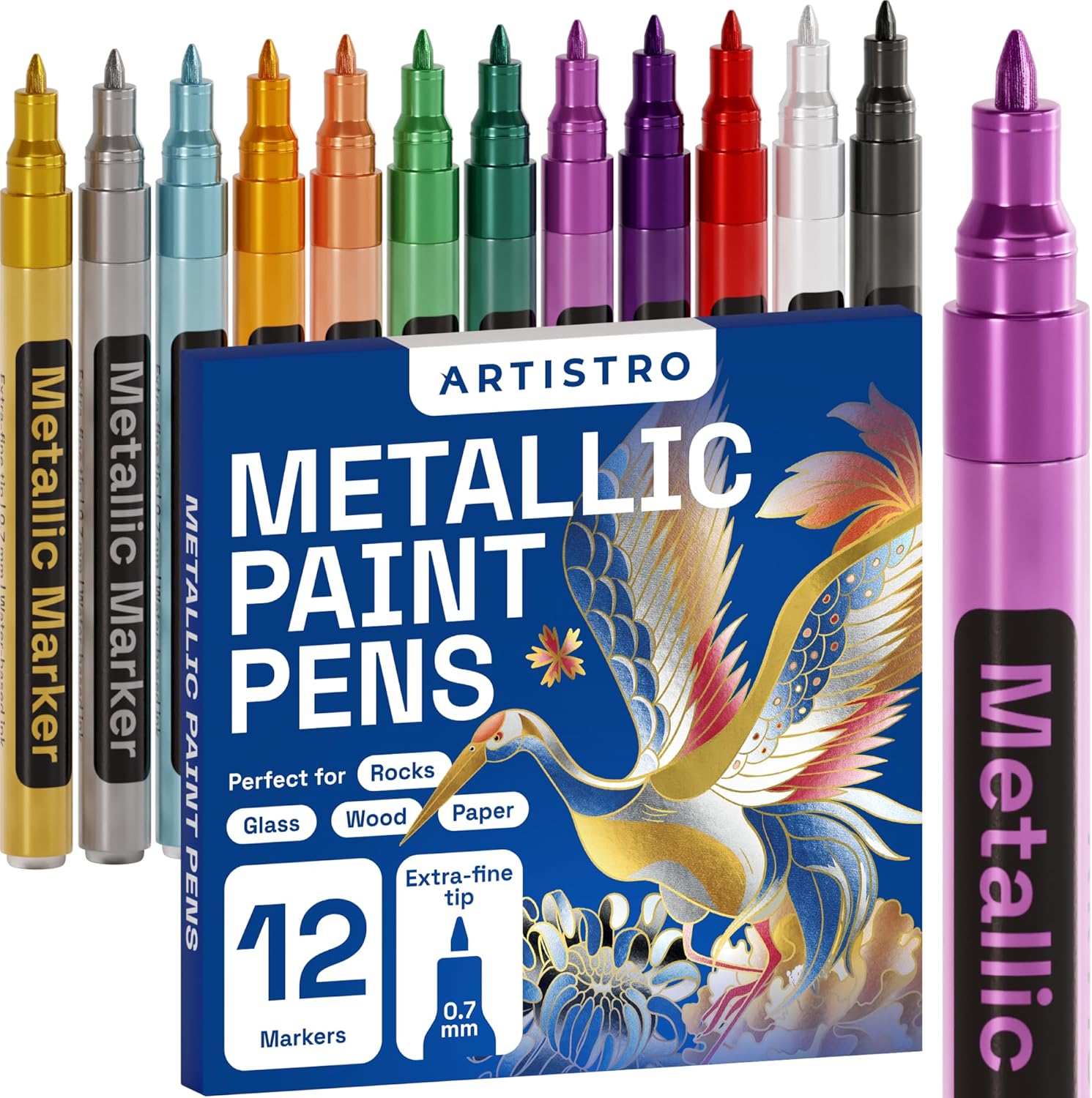 ARTISTRO Metallic Paint Pens for Rock Painting, Stone, Ceramic, Glass, Wood, Fabric, Pebbles, Scrapbook Journals, Photo Albums, Card Stocks. Set of 12 Acrylic Paint Markers Extra-Fine Tip 0.7mm-0