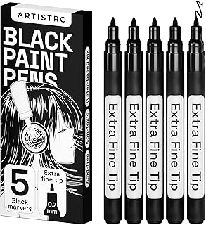 ARTISTRO Black Paint Pens for Rock Painting, Stone, Ceramic, Glass, Wood, Tire, Fabric, Metal, Canvas. Set of 5 Water Based Black Markers for Acrylic Painting Extra Fine Point Tip