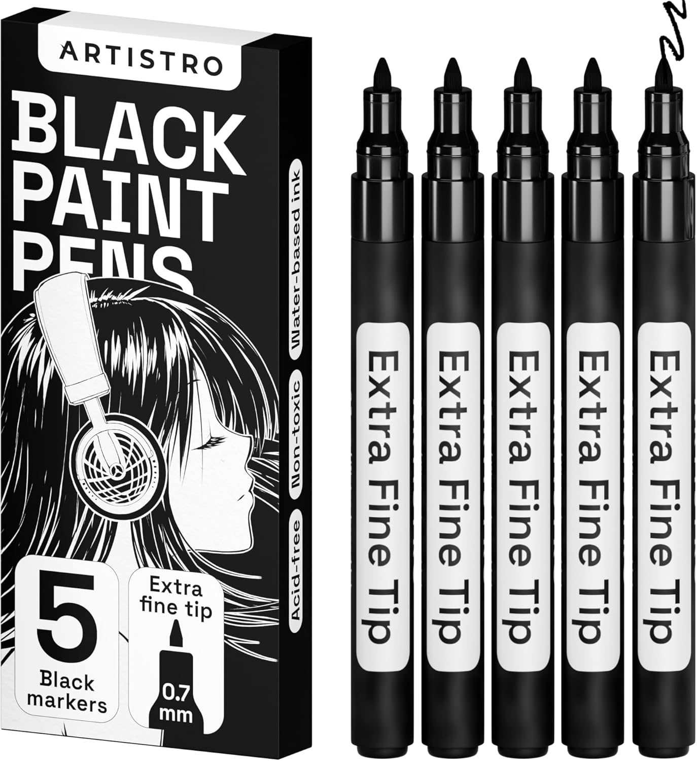 ARTISTRO Black Paint Pens for Rock Painting, Stone, Ceramic, Glass, Wood, Tire, Fabric, Metal, Canvas. Set of 5 Water Based Black Markers for Acrylic Painting Extra Fine Point Tip-0