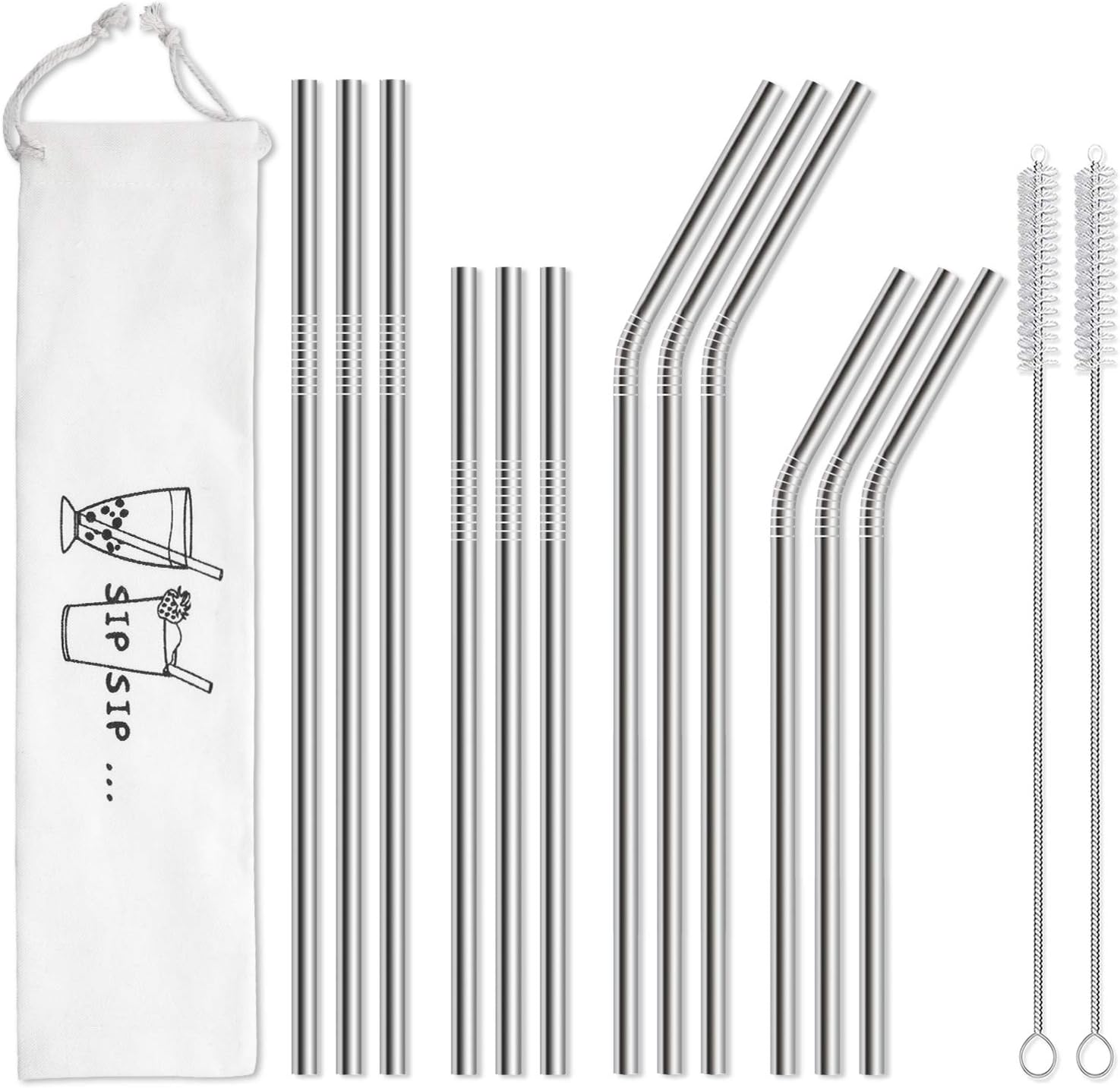 Hiware 12-Pack Reusable Stainless Steel Metal Straws with Case - Long Drinking Straws for 30 oz and 20 oz Tumblers Yeti Dishwasher Safe - 2 Cleaning Brushes Included-0