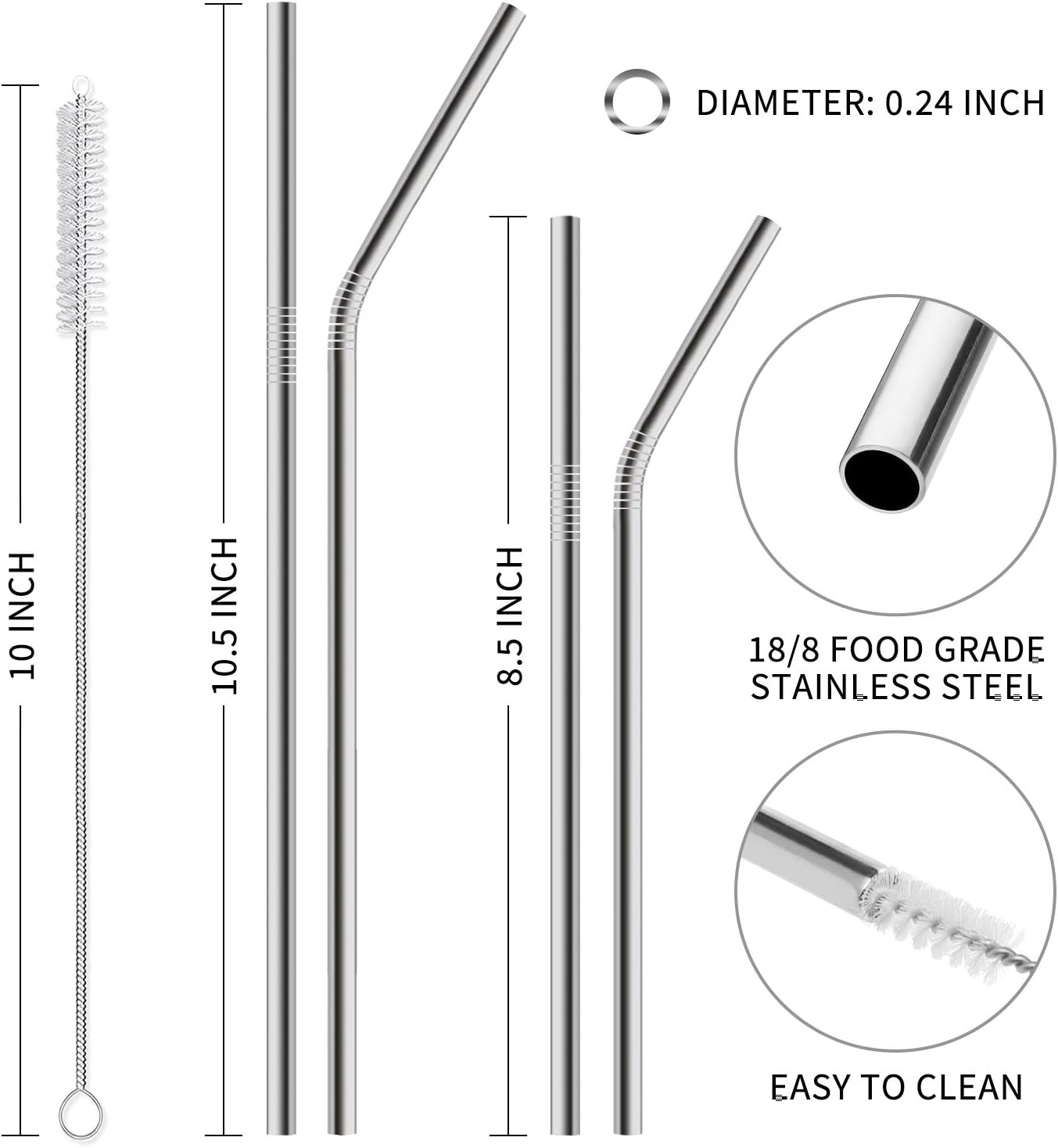 Hiware 12-Pack Reusable Stainless Steel Metal Straws with Case - Long Drinking Straws for 30 oz and 20 oz Tumblers Yeti Dishwasher Safe - 2 Cleaning Brushes Included-1