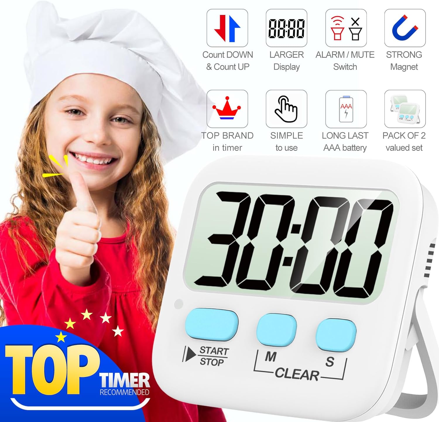 Antonki Timer, 2 Pack Timer for Kids, Kitchen Timers, Digital Timer for Cooking, Egg Timer, Classroom Timer for Teacher, Magnetic Countdown Timer for Exercise, Study, Oven - Battery Included-1