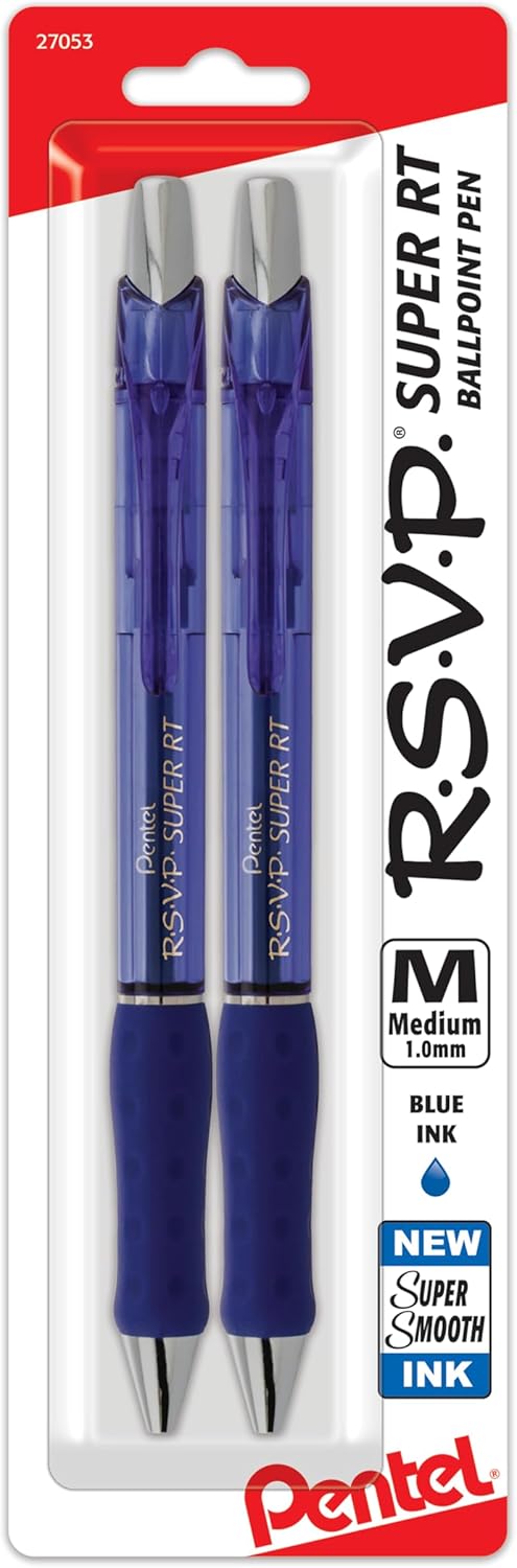 Pentel RSVP Super RT Ballpoint Pen, (1.0mm) Medium Line, Blue Ink, 2-Pk - BX480BP2C-0