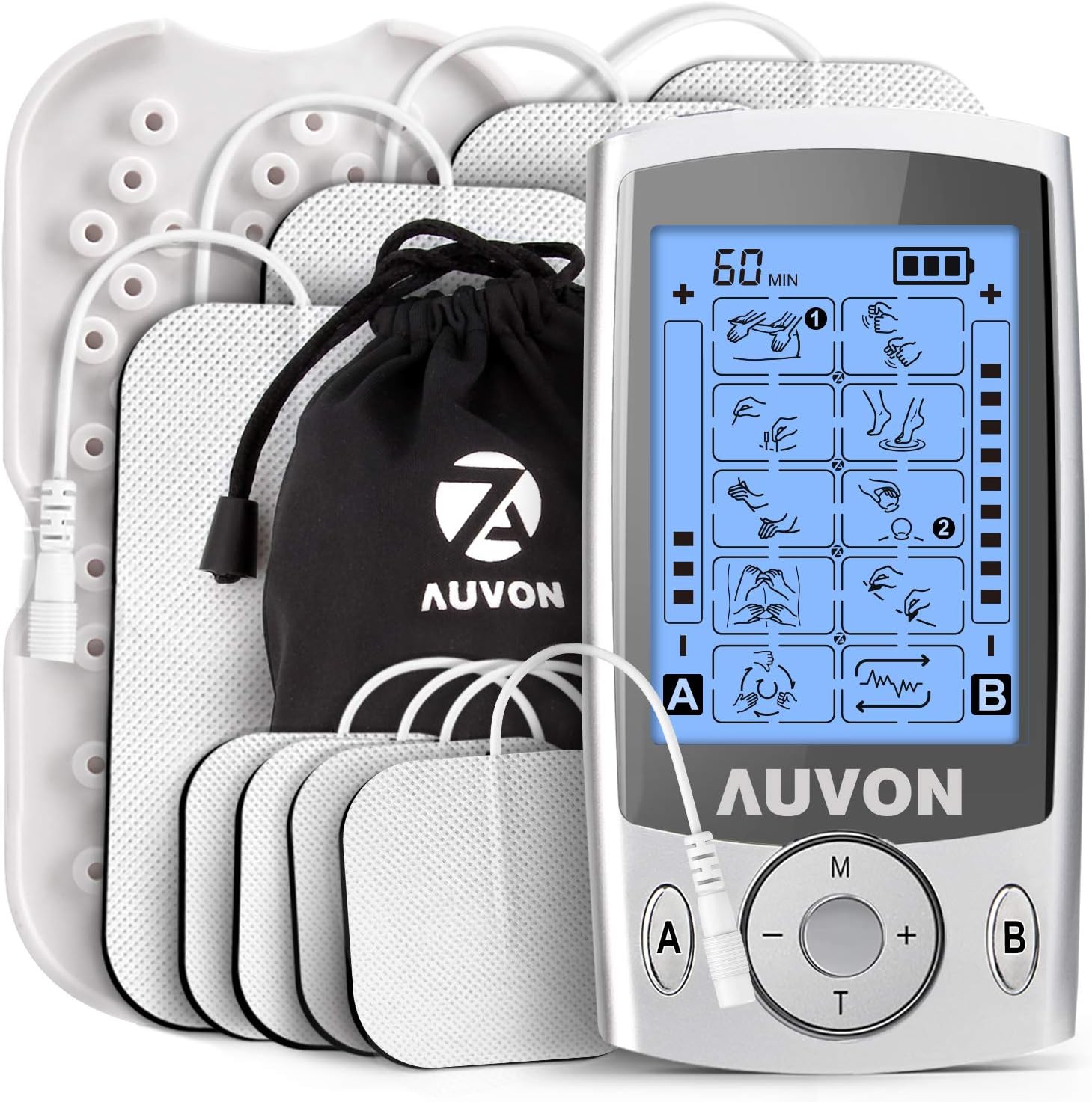 AUVON Dual Channel TENS Unit Muscle Stimulator Machine with 20 Modes, 2" and 2"x4" TENS Unit Electrode Pads-0