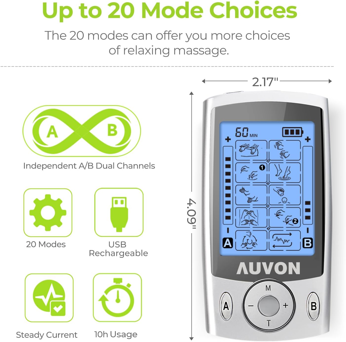 AUVON Dual Channel TENS Unit Muscle Stimulator Machine with 20 Modes, 2" and 2"x4" TENS Unit Electrode Pads-3