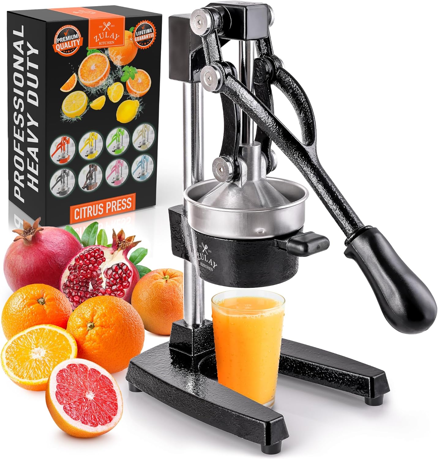 Zulay Kitchen Cast-Iron Orange Juice Squeezer - Heavy-Duty, Easy-to-Clean, Professional Citrus Juicer - Durable Stainless Steel Lemon Squeezer - Sturdy Manual Citrus Press & Orange Squeezer (Black)-0