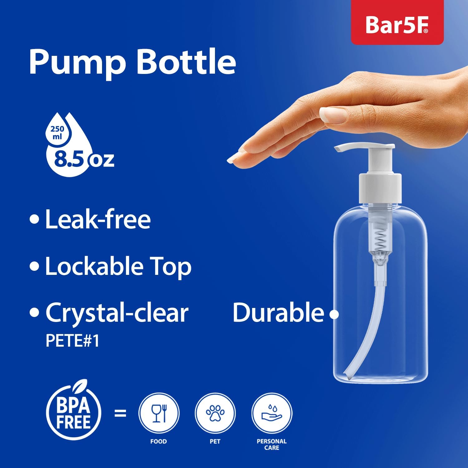 Bar5F Plastic Bottles with Pump Dispenser, 8 oz | Leak Proof, Empty, Clear Refillable, BPA Free for Body Wash, Moisturizer, Face Cream, Liquid Soap | Black & White Pumping Caps | Set of 2-1